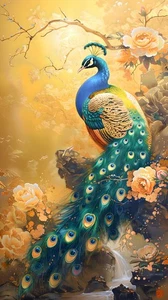 Peacock Flower Golden Abstract Oil Painting Wall Art Home Deco Printed On Canvas - Picture 1 of 8