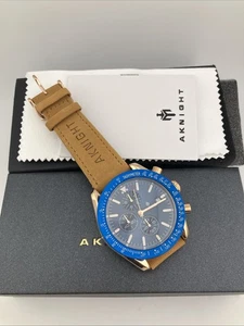 Aknight Herren 45mm Uhr Roségold blaues Zifferblatt Chronograph Datum braunes Band - neu/läuft - Bild 1 von 12