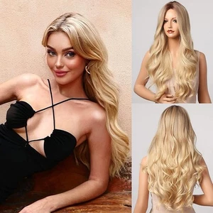 Blonde Middle Part Wig - Long Wavy Ombre Blond Wigs with Dark Roots for Women... - Picture 1 of 9
