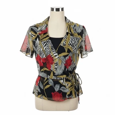 Blusa John Roberts Talla 10 Tropical Cebra Envolvente Top Resortwear De Colección Años 90 Y2K Foto 1 de 4