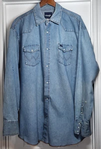 VTG Wrangler Western Mens 2XLT Pearl Snap Denim Shirt Rodeo STAINS HOLES Work - Picture 1 of 16