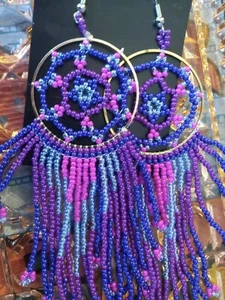 BOHO Seed Beads Earrings. Fringe Tassel Dangle Drop. Tribal. Purple Pink.  - Picture 1 of 8
