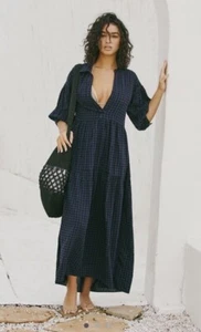 NWT ANTHROPOLOGIE Sz S CAROLITA PRINTED TIERED SHIRT DRESS NAVY - Picture 1 of 3