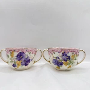 Doulton Burslem Antik Blumen Teetassen Handbemalt Gold Gilde 2er Set - Bild 1 von 24