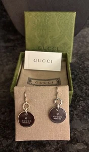 Gucci Italy Sterling Silver Dangle Drop Earrings Embossed Logo Round w Box Pouch - Picture 1 of 19
