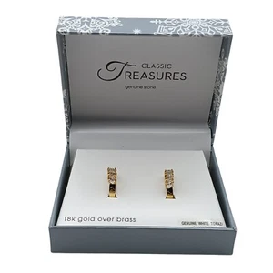 Classic Treasures 18K Gold Over Brass Hoop Earrings With White Topaz and Diamond - Picture 1 of 4
