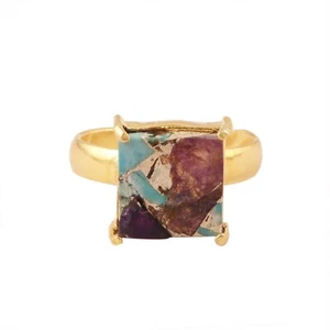 Multi Jade Copper Turquoise Ring Gold Plated Crown Prong Set Adjustable Ring - Picture 1 of 3