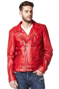 Mens Leather Jacket Red 100% REAL LAMBSKIN Biker Style Brando Jacket SR-MBF - Picture 1 of 9