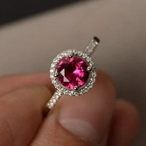 Halo Ring Ruby lab created Gems Round Cut Engagement Ring for Girl Promise Rings - Picture 1 of 3