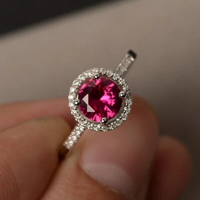 Halo Ring Ruby lab created Gems Round Cut Engagement Ring for Girl Promise Rings - Image 1 of 3