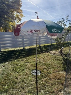 Vintage Fringe Vinyl Tilting Aluminum 60's Patio Umbrella Red White Green Zonin - Image 1 of 4