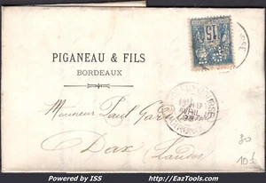 FRANCE N° 90 AVEC PERFORATION PF PIGANEAU ET FILS + CAD BORDEAUX DU 09/04/1895 - Picture 1 of 2