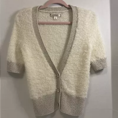 Cárdigan Decree Peludo Recortado Suéter Crema Dorado Borde Metálico Junior Talla Grande Foto 1 de 4