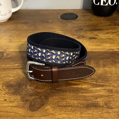 Cinturón Vineyard Vines para Hombres 30 Azul Lona Marrón Cuero Webb Cerveza y Alas Correa Foto 1 de 4