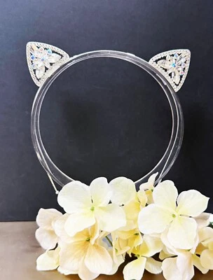 Diadema de oreja de gato de cristal, fiesta de disfraces, tocado plateado, diadema de Halloween Foto 1 de 4