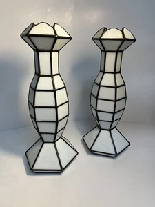 Stained Glass Candle Holders White Glass 13” Tall -2 In Set - Picture 1 of 4