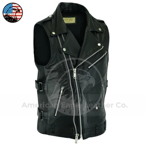 Mens Black Genuine Leather Biker Vest Vintage Motorcycle Riding Racing Waistcoat - Picture 1 of 7