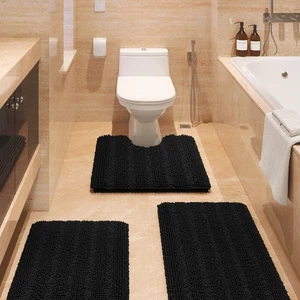 Gestreiftes Schwarzes Badteppich Set 3-teilig Ultra Weich, Rutschfest Chenille WC... - Bild 1 von 6