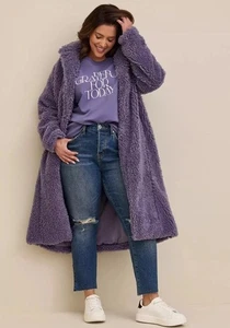 Torrid 1 Maxi Mantel Damen Gr. 1X (14-16) lila weich Sherpa vorne offen gefüttert Neu mit Etikett - Bild 1 von 12