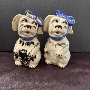 Vtg Shawnee Salt Pepper Shakers Muggsy Dog Toothache Gold Trim Blue Bow 5" 40’s - Picture 1 of 6