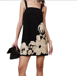 Banana Republic Embroidered Mini Shift Dress Black Beige NWOT Women’s Size M - Picture 1 of 7