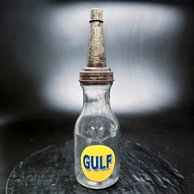 Vintage Original Gulf 1 QT Glass Oil Bottle w/Master Spout Gas Station Jar ✅ - Image 1 of 4