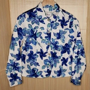 Coldwater Creek Womens White Blazer Blue Floral Print Medium - Picture 1 of 5