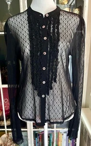 Vintage - DKNY Jeans Black Sheer Lace Button-Up Ruffled Front Shirt Blouse - L - Picture 1 of 4