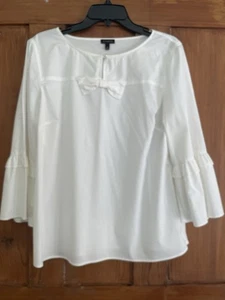Women’s Talbots White Bell Sleeve Bow Pearl Zipper Top Blouse Large - Picture 1 of 6