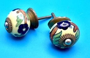 2 Vintage Ceramic Knobs with Hardware Yellow Floral Pattern 1 1/2" x 1" - Picture 1 of 4