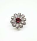 Stunning Daisy Flower Design Red Garnet Silver Ring (1"×1")  Size 7.35