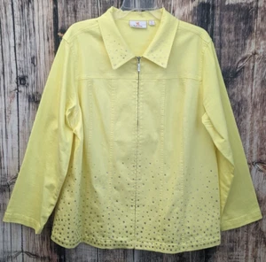 Quacker Factory Denim Bling Jacket Womens 1X Yellow Pockets Stretch Full Zip - Picture 1 of 11
