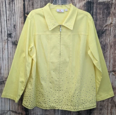 Quacker Factory Denim Bling Jacket Womens 1X Yellow Pockets Stretch Full Zip - Image 1 of 4