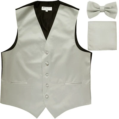 New Men's formal Slim Fit Tuxedo vest Waistcoat_bow tie & hankie silver wedding - Image 1 of 4