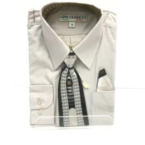 Gino Glericci Boys Gray Dress Shirt Silver Black Tie Hanky Set Sizes 5 - 8 - Picture 1 of 2