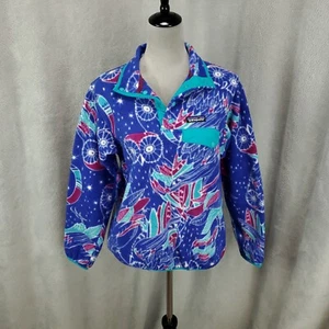 Patagonia Synchilla Snap-T Fleece Pullover Womens Small Blue Harvest Moon Owls - Picture 1 of 9