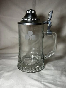 Vintage Domex Glass Beer Stein Mug etched clover lucky lion pewter hinged lid - Picture 1 of 5