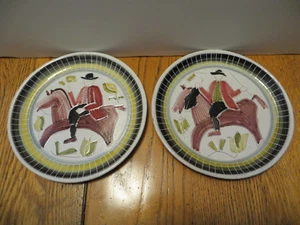 Pair Nora Gulbrandsen Mid Century Folk Art Plates Man Horse Signed 1951 Norway - Picture 1 of 7