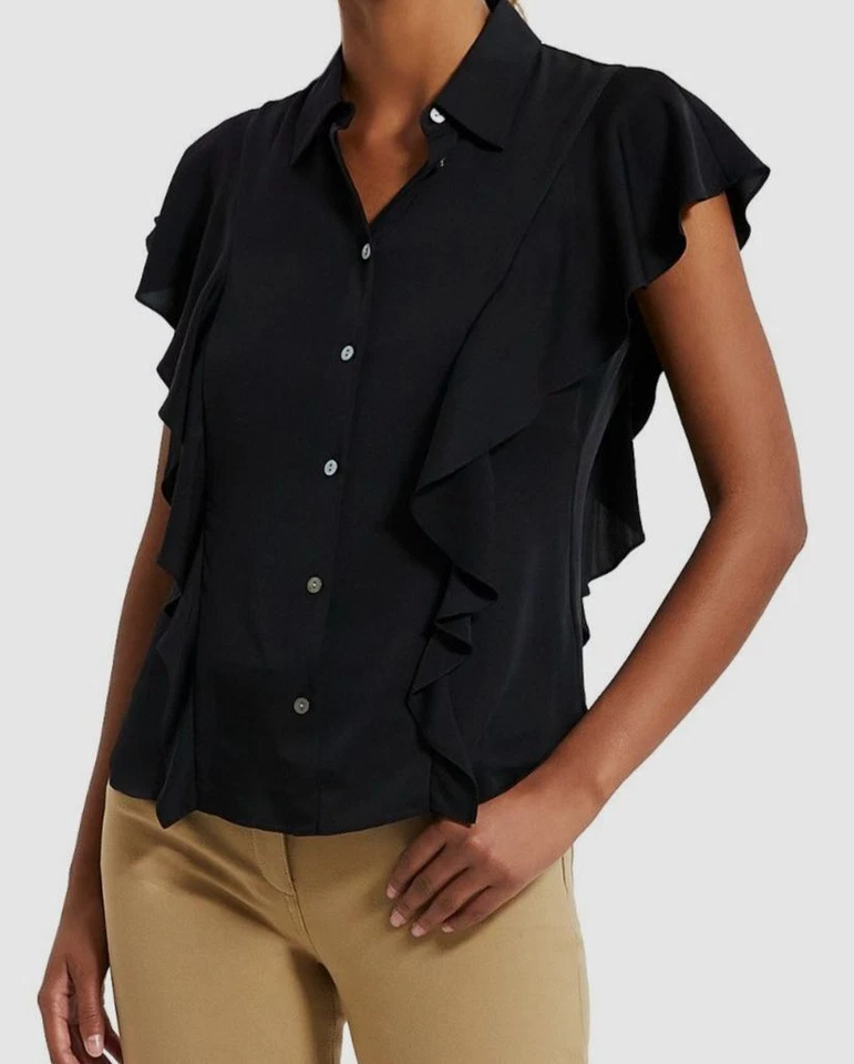 Theory Women Black Ruffle Cap Sleeve Silk Georgette Blouse Top Size Medium