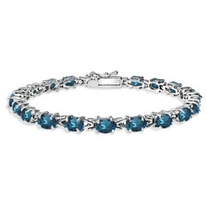 Sterling Silver Polished London Blue Topaz 6x4mm Oval-cut Link Tennis Bracelet - Picture 1 of 3
