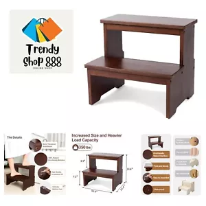 Bamboo Two Step Stool for Adults and Kids, Bed Stepstool with Anti-Slip Botto... - Picture 1 of 12