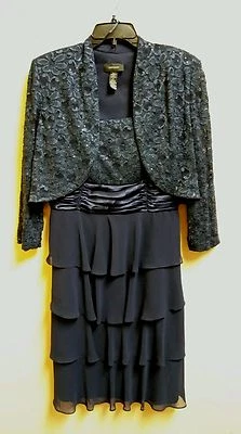 R & M Richards Special Occasion Navy Flounced 2PC Short Dress/Jacket Set Sz 14 - Image 1 of 4