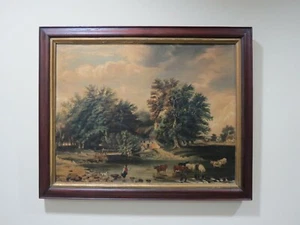 Antique Folk Art Farm Landscape Trees, Cows & Cottage Oil on Canvas Painting - Picture 1 of 12