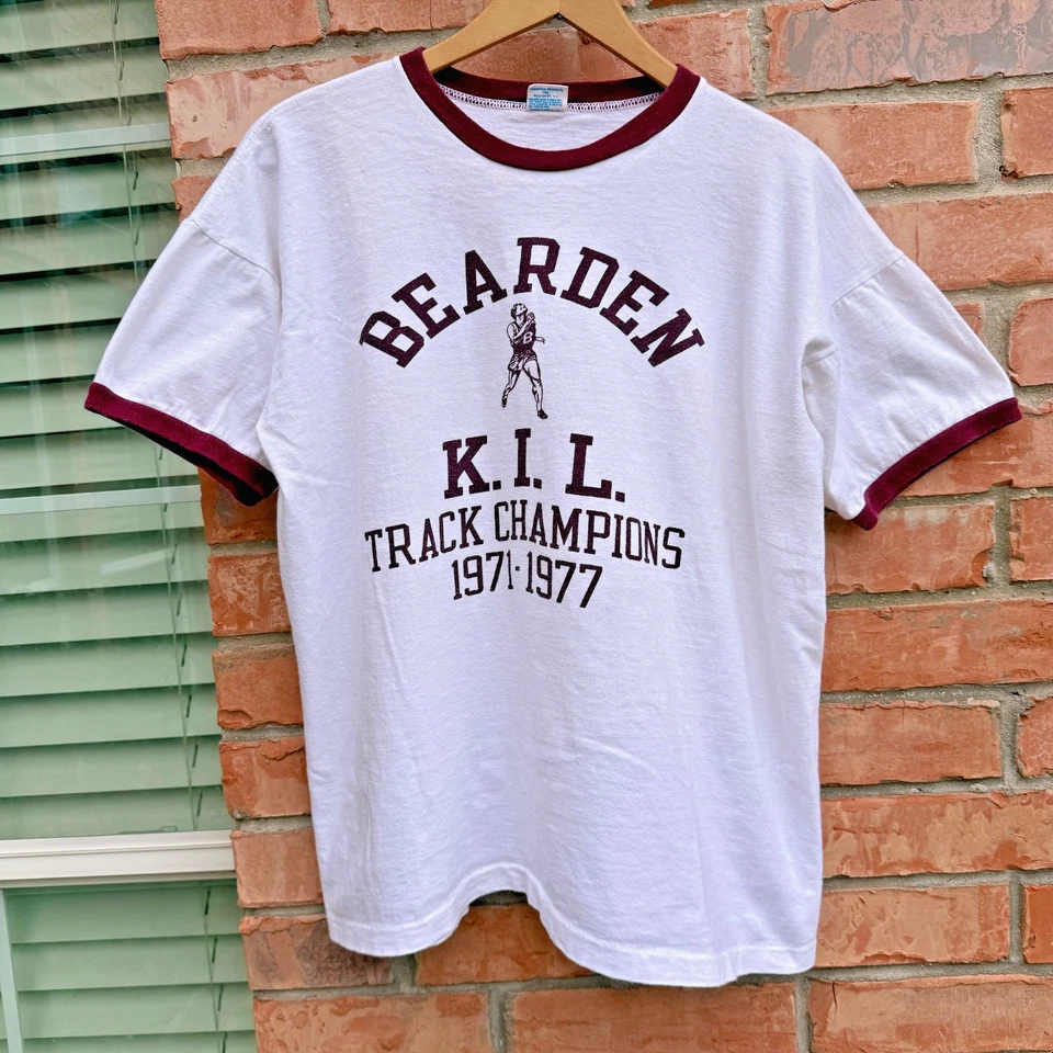 Camiseta Vintage Anos 70 Champion Barra Azul Algodão Campainha Tamanho XL Estampa Água - Imagem 1 de 4