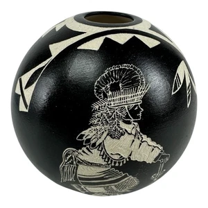 Native American Mt. Sheep Vase Acoma-SC, NM Darrell Taliman Chino Black VTG 3.5 - Picture 1 of 5