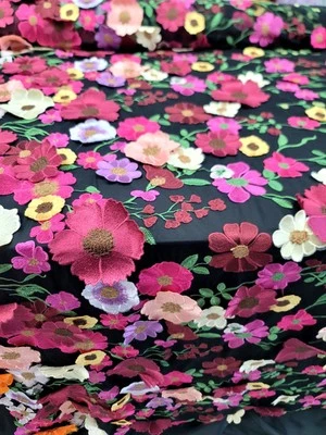 Multicolor 3d Lace Fabric by the Yard Fuchsia Embroidered 3d Floral Black Mesh  - Image 1 of 4