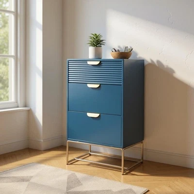 Stylish Blue 64CM Wooden 3 Drawer Bedside Table - Sleek Design Compact Storage - Image 1 of 4