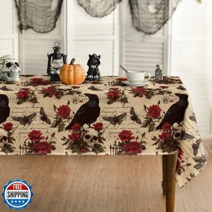 Horaldaily Halloween Tablecloth 60×60 Inch Square, Crow Skeleton Roses Washab - Picture 1 of 5