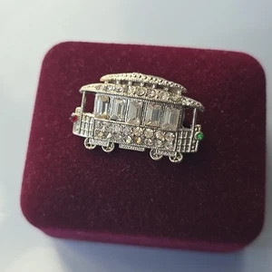 Vintage 30er Jahre Topf Metall Glas Strass Seilbahn Wagen Anstecknadel Brosche - Bild 1 von 3