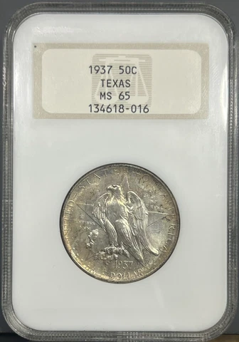 1937 NGC MS65 “Fatty” Texas Commemorative Half Dollar 50c - Gold Embossed Fatty Cover
